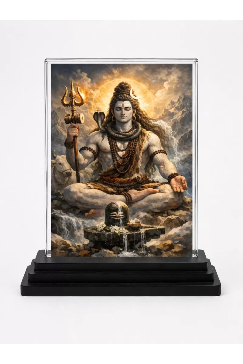 Shiva Portrait Acrylic Car Dashboard Showpiece | Double-Sided Shiva Portrait Photo Stand | 3 X 4 Inch Photo | Transparent Acrylic Frame With Black Base | Car Dashboard, Office & Table Decor (F70714)