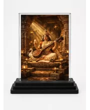 Saraswati Acrylic Car Dashboard Showpiece | Double-Sided Saraswati Photo Stand | 3 X 4 Inch Photo | Transparent Acrylic Frame With Black Base | Car Dashboard, Office & Table Decor (F70716)