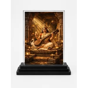 Saraswati Acrylic Car Dashboard Showpiece | Double-Sided Saraswati Photo Stand | 3 X 4 Inch Photo | Transparent Acrylic Frame With Black Base | Car Dashboard, Office & Table Decor (F70716)