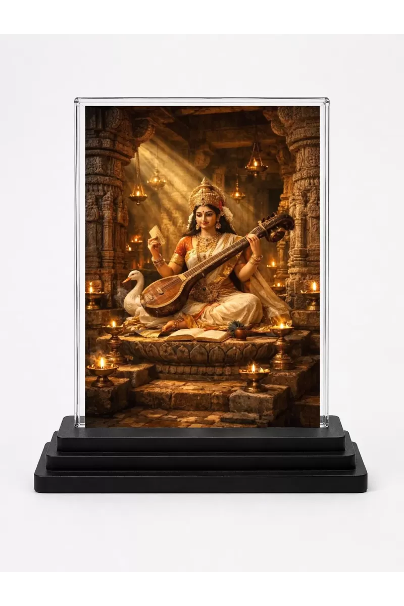 Saraswati Acrylic Car Dashboard Showpiece | Double-Sided Saraswati Photo Stand | 3 X 4 Inch Photo | Transparent Acrylic Frame With Black Base | Car Dashboard, Office & Table Decor (F70716)