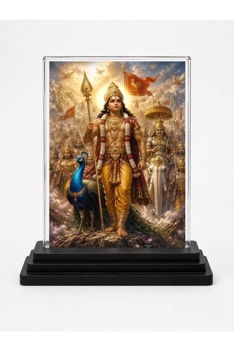 Lord Murugan Acrylic Car Dashboard Showpiece | Double-Sided Lord Murugan Photo Stand | 3 X 4 Inch Photo | Transparent Acrylic Frame With Black Base | Car Dashboard, Office & Table Decor (F70717)