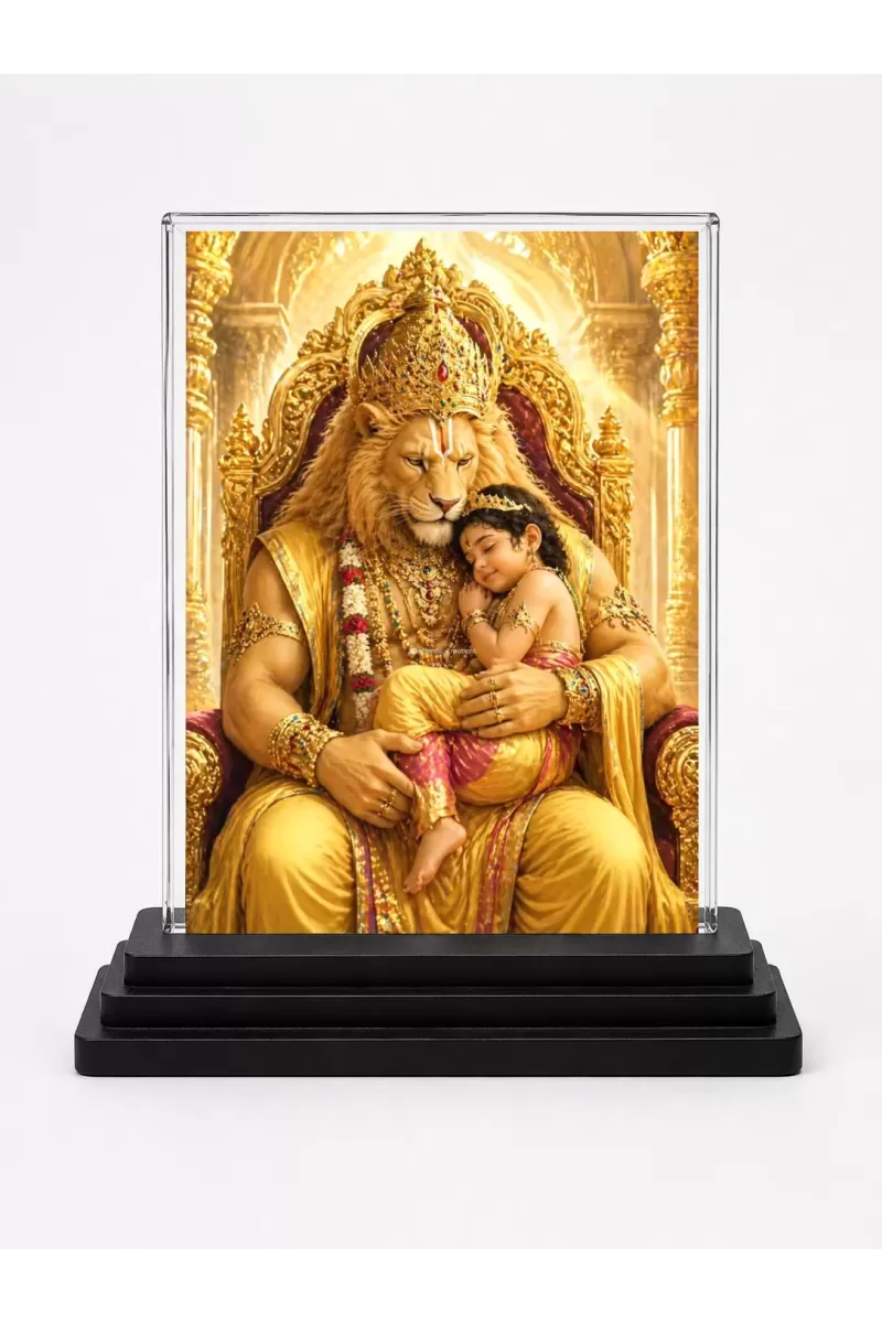 Narasimha Acrylic Car Dashboard Showpiece | Double-Sided Narasimha Photo Stand | 3 X 4 Inch Photo | Transparent Acrylic Frame With Black Base | Car Dashboard, Office & Table Decor (F70718)