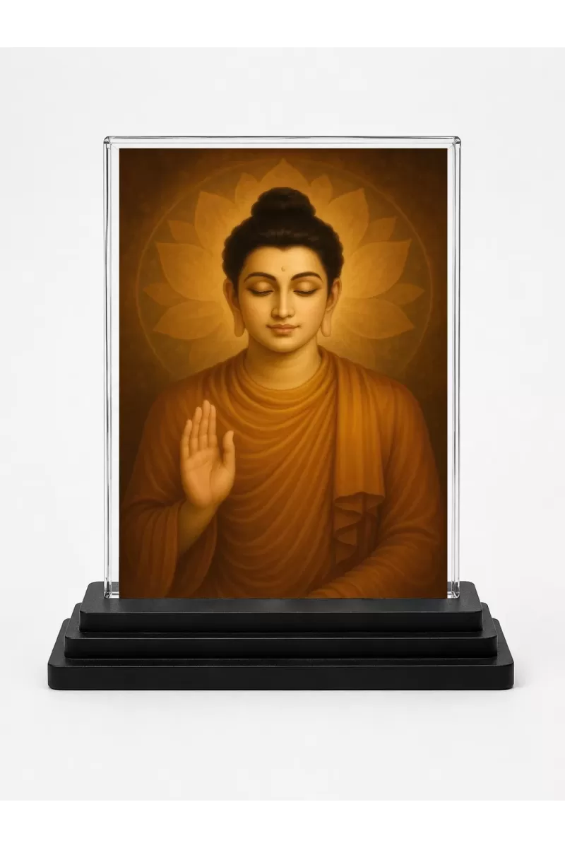 Gautama Buddha Acrylic Car Dashboard Showpiece | Double-Sided Gautama Buddha Photo Stand | 3 X 4 Inch Photo | Transparent Acrylic Frame With Black Base | Car Dashboard, Office & Table Decor (F70719)