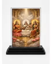 Hindu Goddess Acrylic Car Dashboard Showpiece | Double-Sided Hindu Goddess Photo Stand | 3 X 4 Inch Photo | Transparent Acrylic Frame With Black Base | Car Dashboard, Office & Table Decor (F70724)