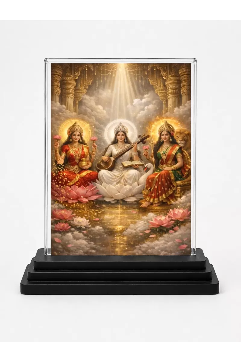 Hindu Goddess Acrylic Car Dashboard Showpiece | Double-Sided Hindu Goddess Photo Stand | 3 X 4 Inch Photo | Transparent Acrylic Frame With Black Base | Car Dashboard, Office & Table Decor (F70724)