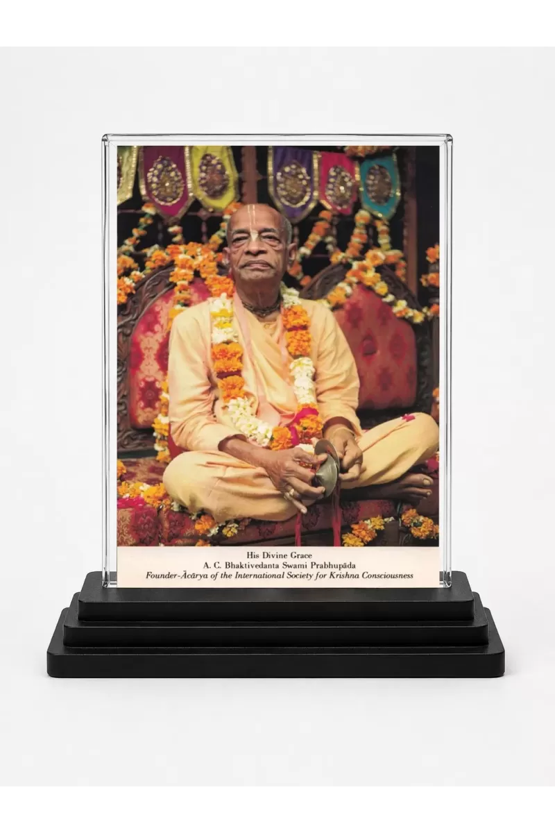 A.C. Bhaktivedanta Swami Prabhupada Acrylic Car Dashboard Showpiece | Double-Sided A.C. Bhaktivedanta Swami Prabhupada Photo Stand | 3 X 4 Inch Photo | Transparent Acrylic Frame With Black Base | Car Dashboard, Office & Table Decor (F70725)
