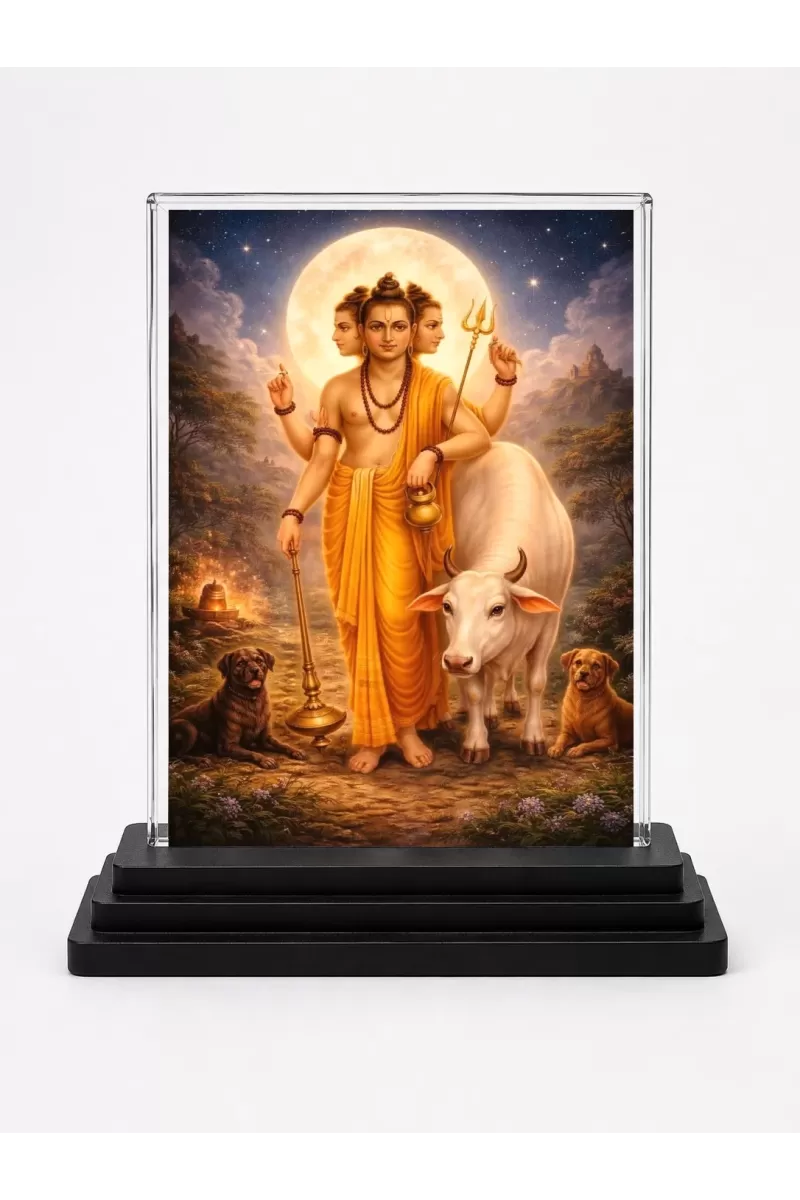 Adi Guru Dattatreya Acrylic Car Dashboard Showpiece | Double-Sided Adi Guru Dattatreya Photo Stand | 3 X 4 Inch Photo | Transparent Acrylic Frame With Black Base | Car Dashboard, Office & Table Decor (F70726)
