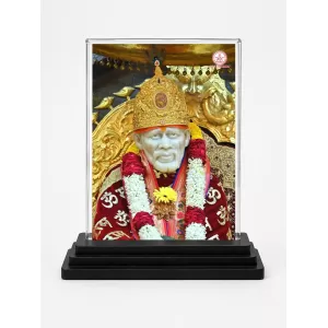 Sai Baba Of Shirdi Acrylic Car Dashboard Showpiece | Double-Sided Sai Baba Of Shirdi Photo Stand | 3 X 4 Inch Photo | Transparent Acrylic Frame With Black Base | Car Dashboard, Office & Table Decor (F70727)