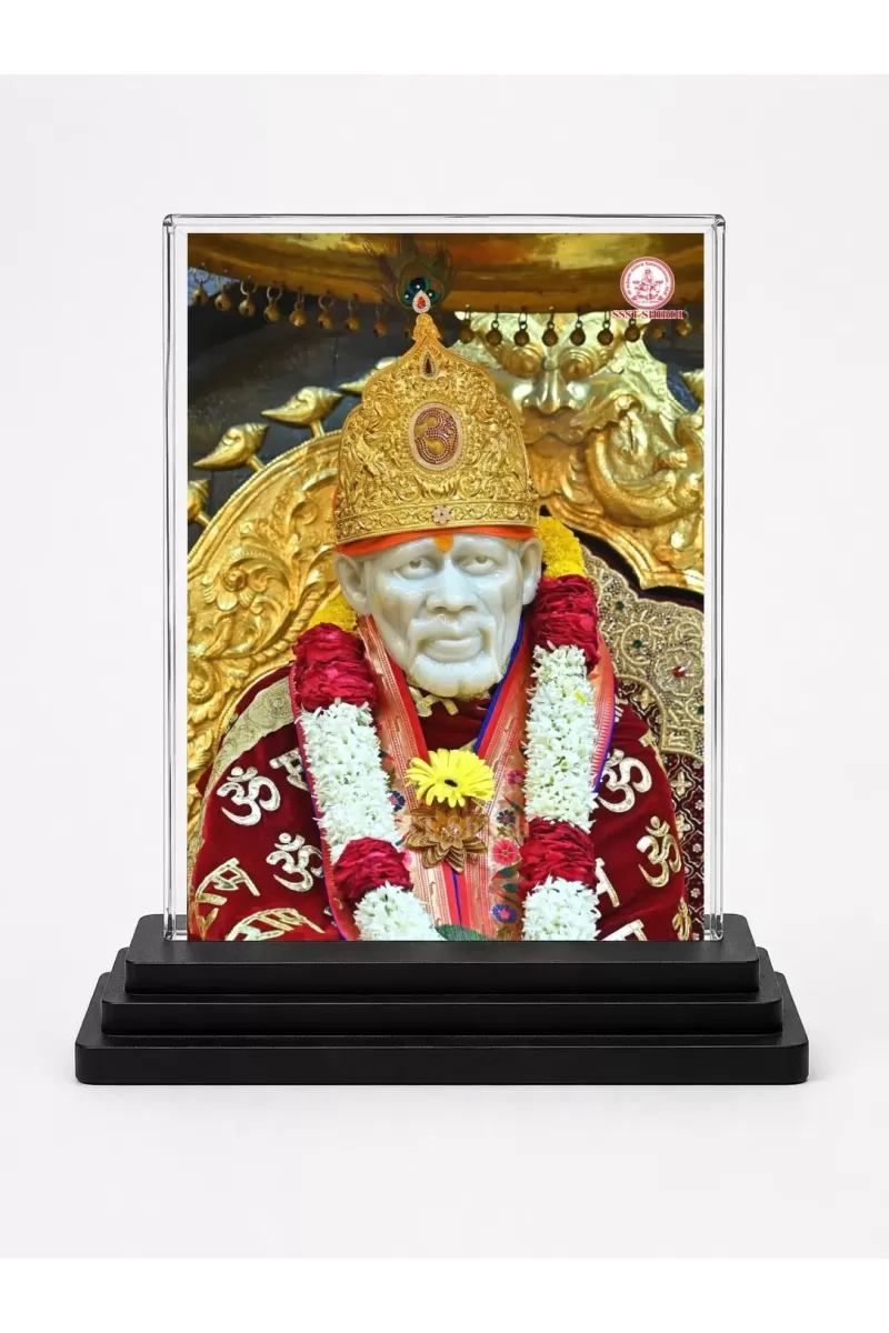 Sai Baba Of Shirdi Acrylic Car Dashboard Showpiece | Double-Sided Sai Baba Of Shirdi Photo Stand | 3 X 4 Inch Photo | Transparent Acrylic Frame With Black Base | Car Dashboard, Office & Table Decor (F70727)