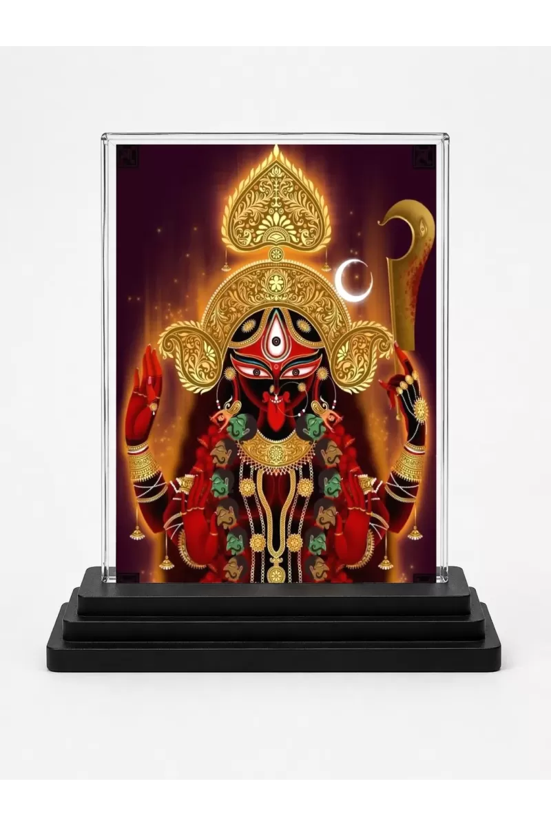 Maa Kali Acrylic Car Dashboard Showpiece | Double-Sided Maa Kali Photo Stand | 3 X 4 Inch Photo | Transparent Acrylic Frame With Black Base | Car Dashboard, Office & Table Decor (F70728)