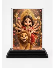Durga Maa Acrylic Car Dashboard Showpiece | Double-Sided Durga Maa Photo Stand | 3 X 4 Inch Photo | Transparent Acrylic Frame With Black Base | Car Dashboard, Office & Table Decor (F70729)