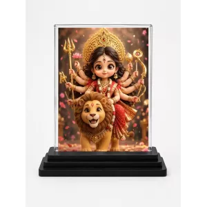 Durga Maa Acrylic Car Dashboard Showpiece | Double-Sided Durga Maa Photo Stand | 3 X 4 Inch Photo | Transparent Acrylic Frame With Black Base | Car Dashboard, Office & Table Decor (F70729)