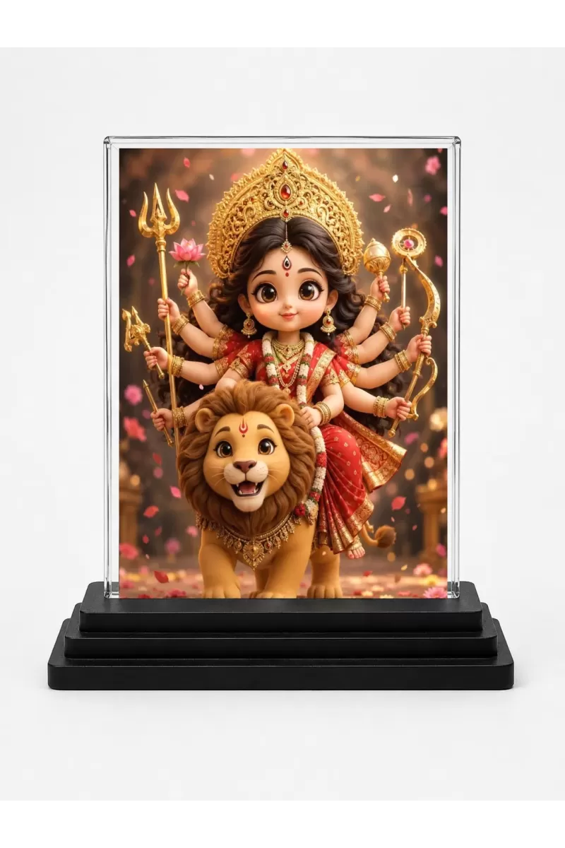 Durga Maa Acrylic Car Dashboard Showpiece | Double-Sided Durga Maa Photo Stand | 3 X 4 Inch Photo | Transparent Acrylic Frame With Black Base | Car Dashboard, Office & Table Decor (F70729)
