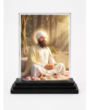 Guru Tegh Bahadur Ji Acrylic Car Dashboard Showpiece | Double-Sided Guru Tegh Bahadur Ji Photo Stand | 3 X 4 Inch Photo | Transparent Acrylic Frame With Black Base | Car Dashboard, Office & Table Decor (F70731)