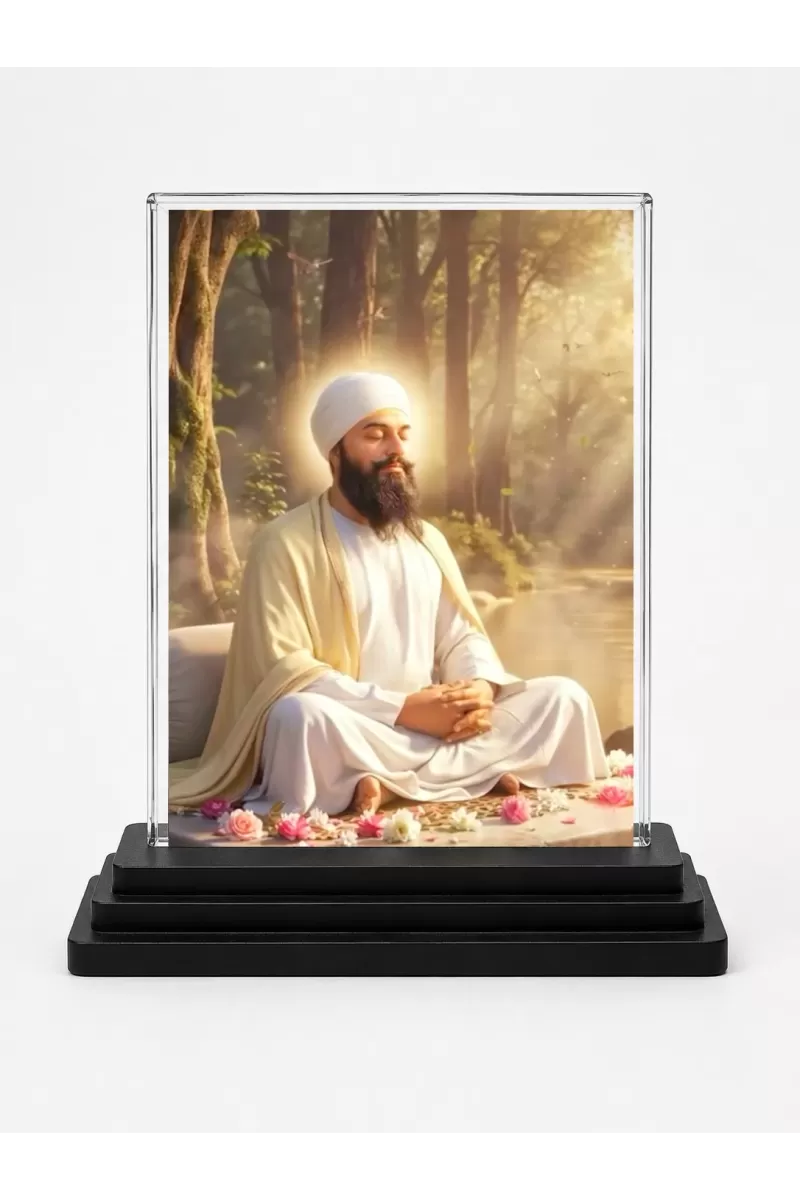 Guru Tegh Bahadur Ji Acrylic Car Dashboard Showpiece | Double-Sided Guru Tegh Bahadur Ji Photo Stand | 3 X 4 Inch Photo | Transparent Acrylic Frame With Black Base | Car Dashboard, Office & Table Decor (F70731)