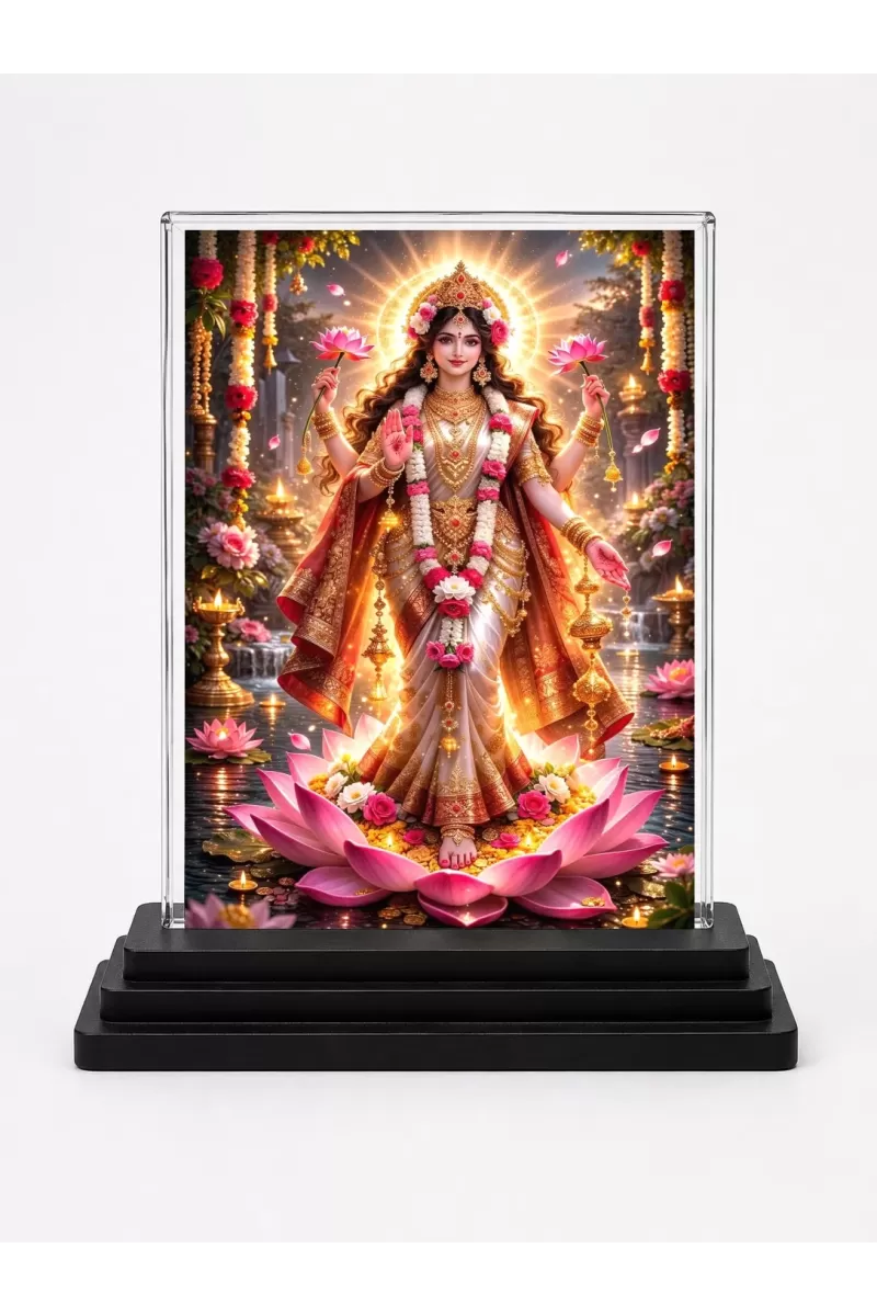 Lakshmi Acrylic Car Dashboard Showpiece | Double-Sided Lakshmi Photo Stand | 3 X 4 Inch Photo | Transparent Acrylic Frame With Black Base | Car Dashboard, Office & Table Decor (F70732)