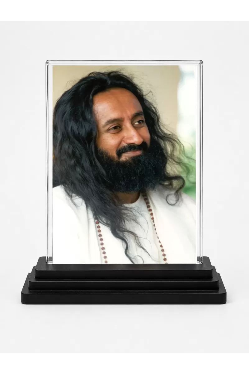 Sri Sri Ravi Shankar Acrylic Car Dashboard Showpiece | Double-Sided Sri Sri Ravi Shankar Photo Stand | 3 X 4 Inch Photo | Transparent Acrylic Frame With Black Base | Car Dashboard, Office & Table Decor (F70737)
