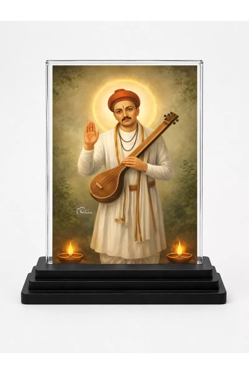 Sant Namdev Acrylic Car Dashboard Showpiece | Double-Sided Sant Namdev Photo Stand | 3 X 4 Inch Photo | Transparent Acrylic Frame With Black Base | Car Dashboard, Office & Table Decor (F70740)