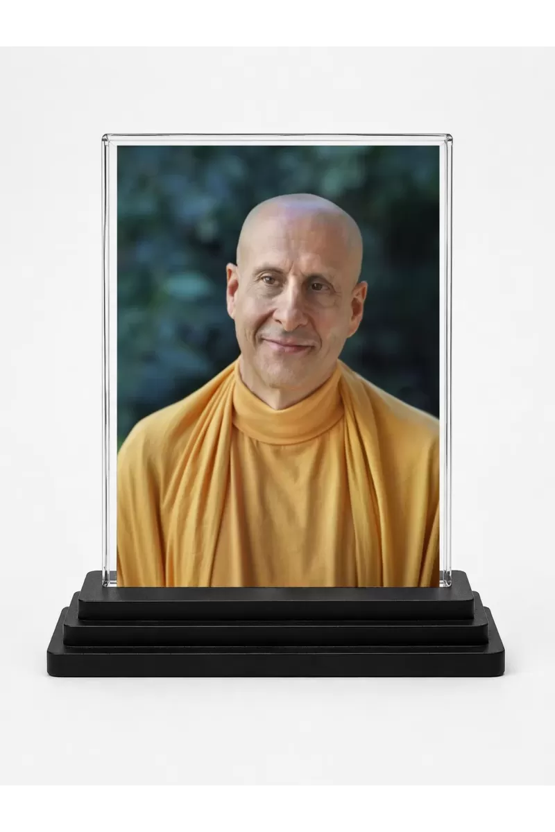 Radhanath Swami Acrylic Car Dashboard Showpiece | Double-Sided Radhanath Swami Photo Stand | 3 X 4 Inch Photo | Transparent Acrylic Frame With Black Base | Car Dashboard, Office & Table Decor (F70742)