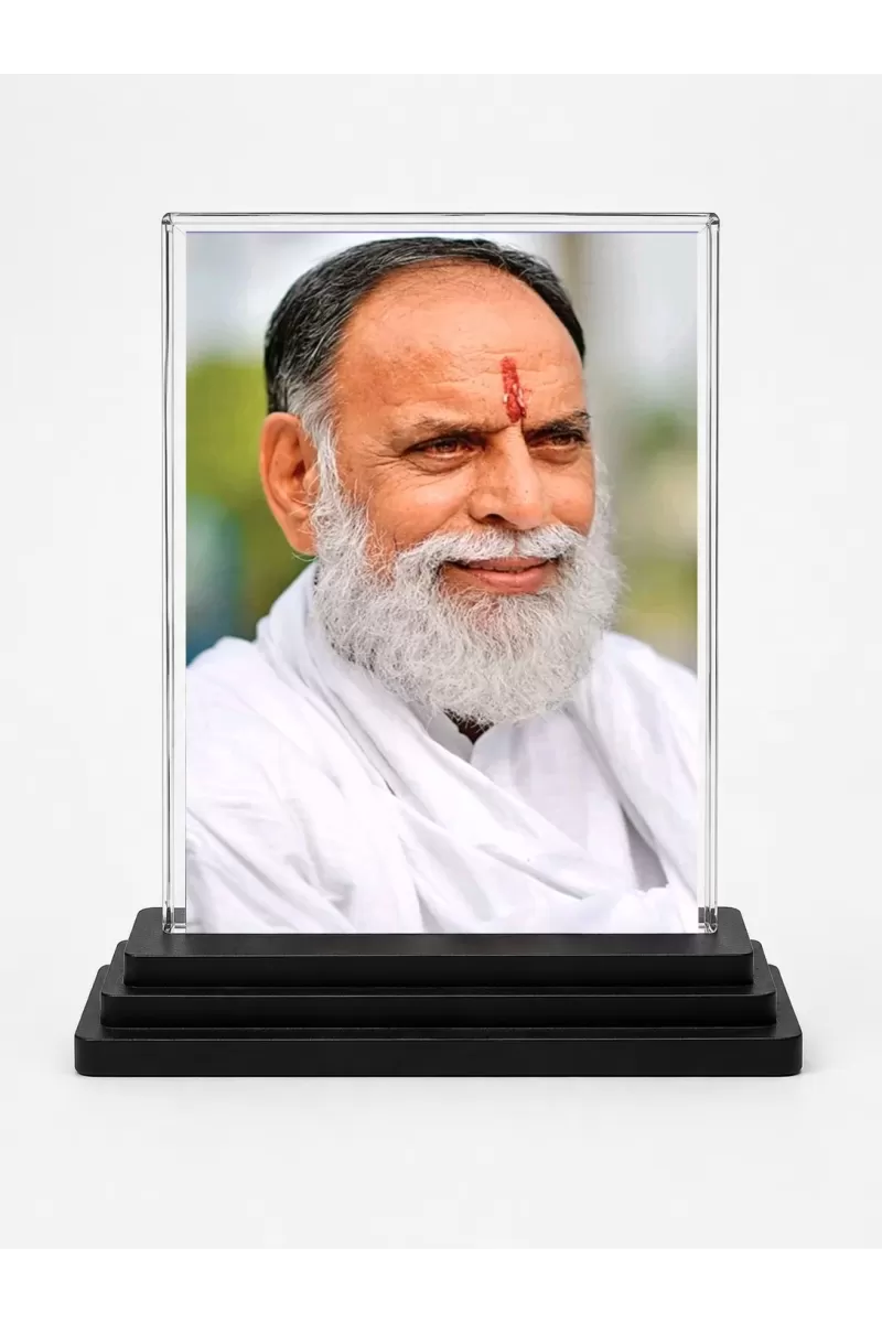 Radhanath Swami Acrylic Car Dashboard Showpiece | Double-Sided Radhanath Swami Photo Stand | 3 X 4 Inch Photo | Transparent Acrylic Frame With Black Base | Car Dashboard, Office & Table Decor (F70743)