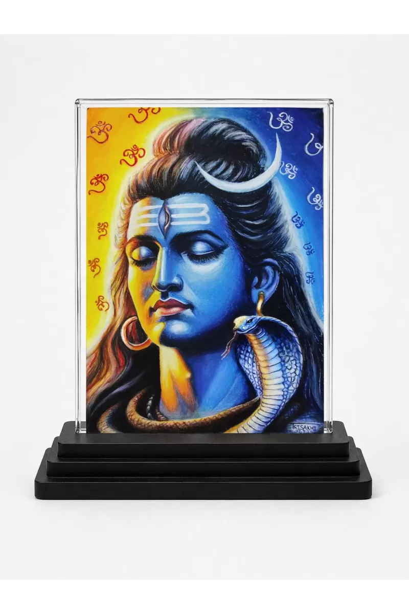 Lord Shiva Acrylic Car Dashboard Showpiece | Double-Sided Lord Shiva Photo Stand | 3 X 4 Inch Photo | Transparent Acrylic Frame With Black Base | Car Dashboard, Office & Table Decor (F70744)