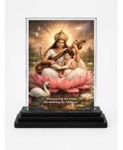 Saraswati Acrylic Car Dashboard Showpiece | Double-Sided Saraswati Photo Stand | 3 X 4 Inch Photo | Transparent Acrylic Frame With Black Base | Car Dashboard, Office & Table Decor (F70751)