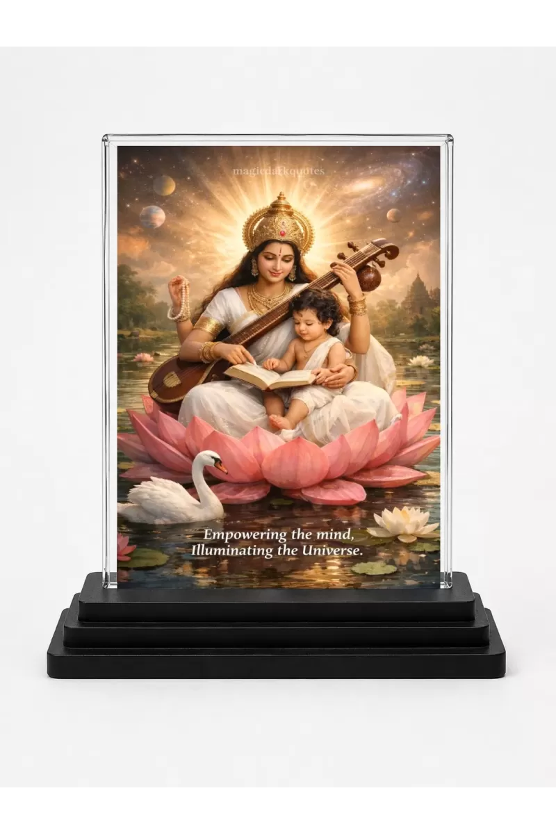 Saraswati Acrylic Car Dashboard Showpiece | Double-Sided Saraswati Photo Stand | 3 X 4 Inch Photo | Transparent Acrylic Frame With Black Base | Car Dashboard, Office & Table Decor (F70751)