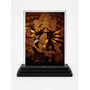 Hindu Goddess Acrylic Car Dashboard Showpiece | Double-Sided Hindu Goddess Photo Stand | 3 X 4 Inch Photo | Transparent Acrylic Frame With Black Base | Car Dashboard, Office & Table Decor (F70757)