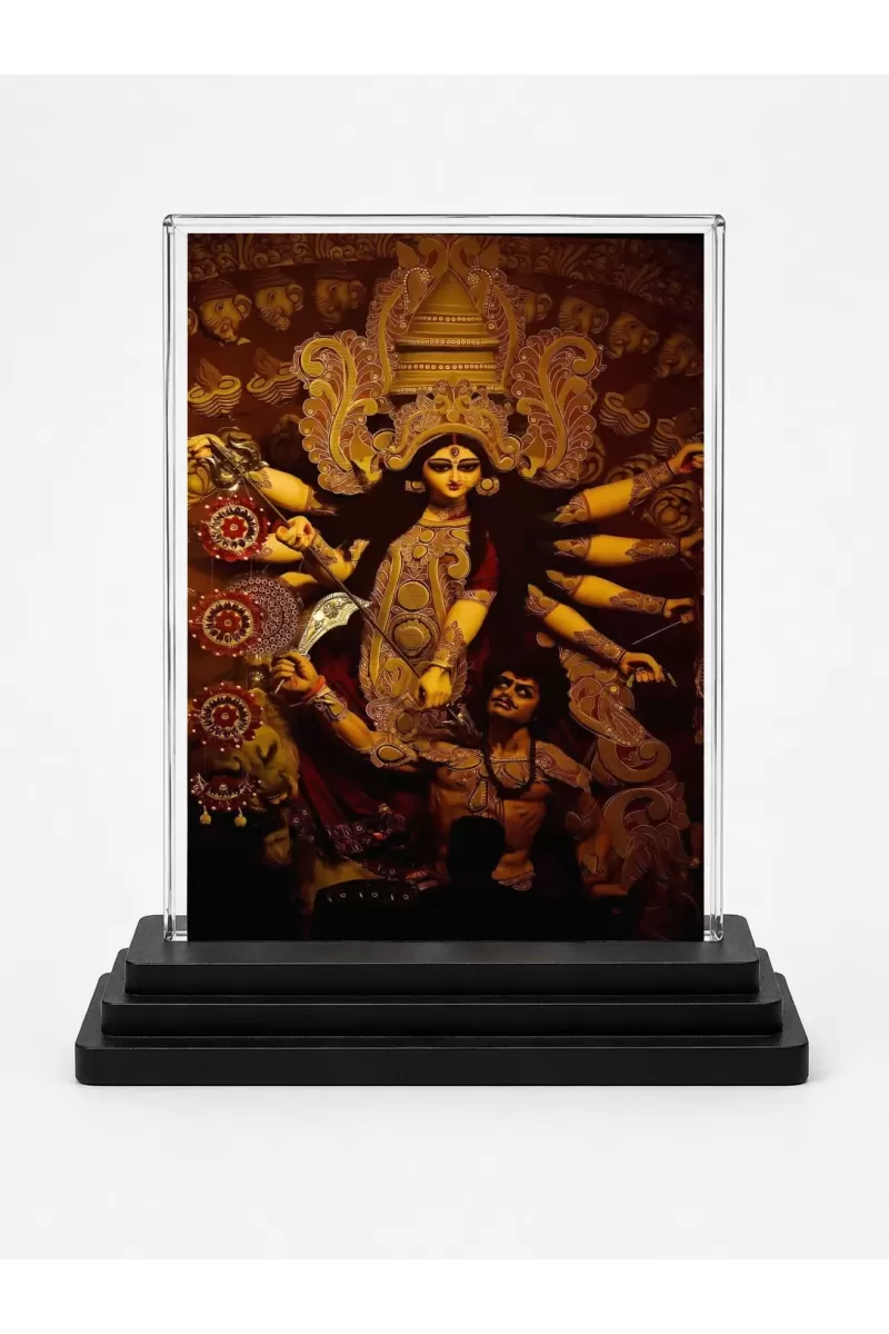 Hindu Goddess Acrylic Car Dashboard Showpiece | Double-Sided Hindu Goddess Photo Stand | 3 X 4 Inch Photo | Transparent Acrylic Frame With Black Base | Car Dashboard, Office & Table Decor (F70757)