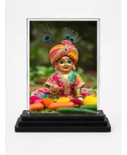 Laddu Gopal Acrylic Car Dashboard Showpiece | Double-Sided Laddu Gopal Photo Stand | 3 X 4 Inch Photo | Transparent Acrylic Frame With Black Base | Car Dashboard, Office & Table Decor (F70758)