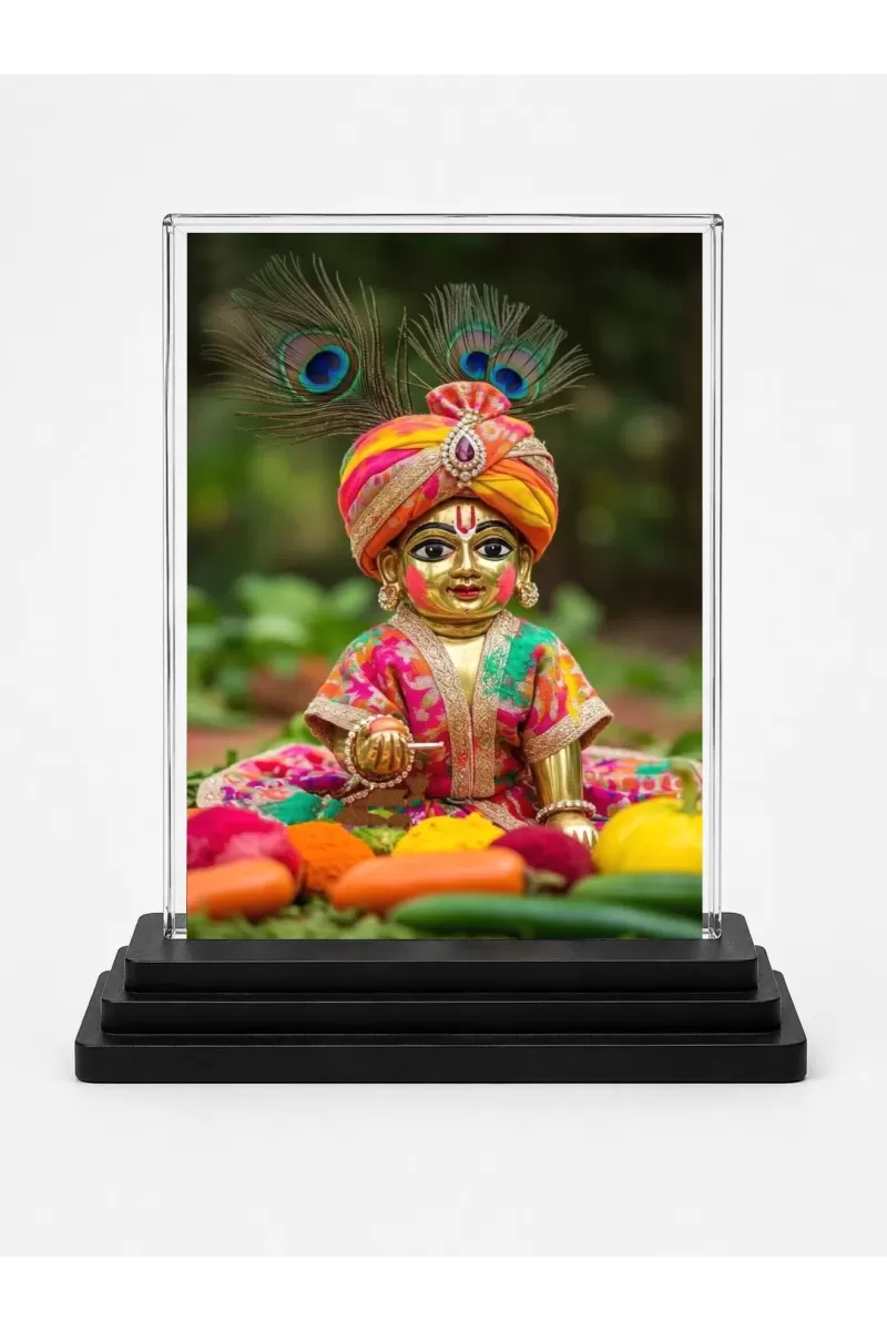 Laddu Gopal Acrylic Car Dashboard Showpiece | Double-Sided Laddu Gopal Photo Stand | 3 X 4 Inch Photo | Transparent Acrylic Frame With Black Base | Car Dashboard, Office & Table Decor (F70758)