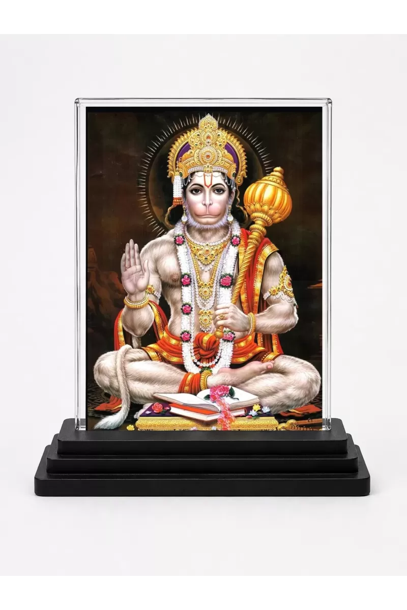 Hanuman Acrylic Car Dashboard Showpiece | Double-Sided Hanuman Photo Stand | 3 X 4 Inch Photo | Transparent Acrylic Frame With Black Base | Car Dashboard, Office & Table Decor (F70761)
