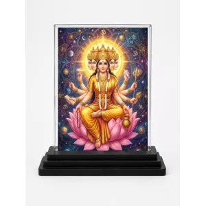 Gayatri Mata Acrylic Car Dashboard Showpiece | Double-Sided Gayatri Mata Photo Stand | 3 X 4 Inch Photo | Transparent Acrylic Frame With Black Base | Car Dashboard, Office & Table Decor (F70763)