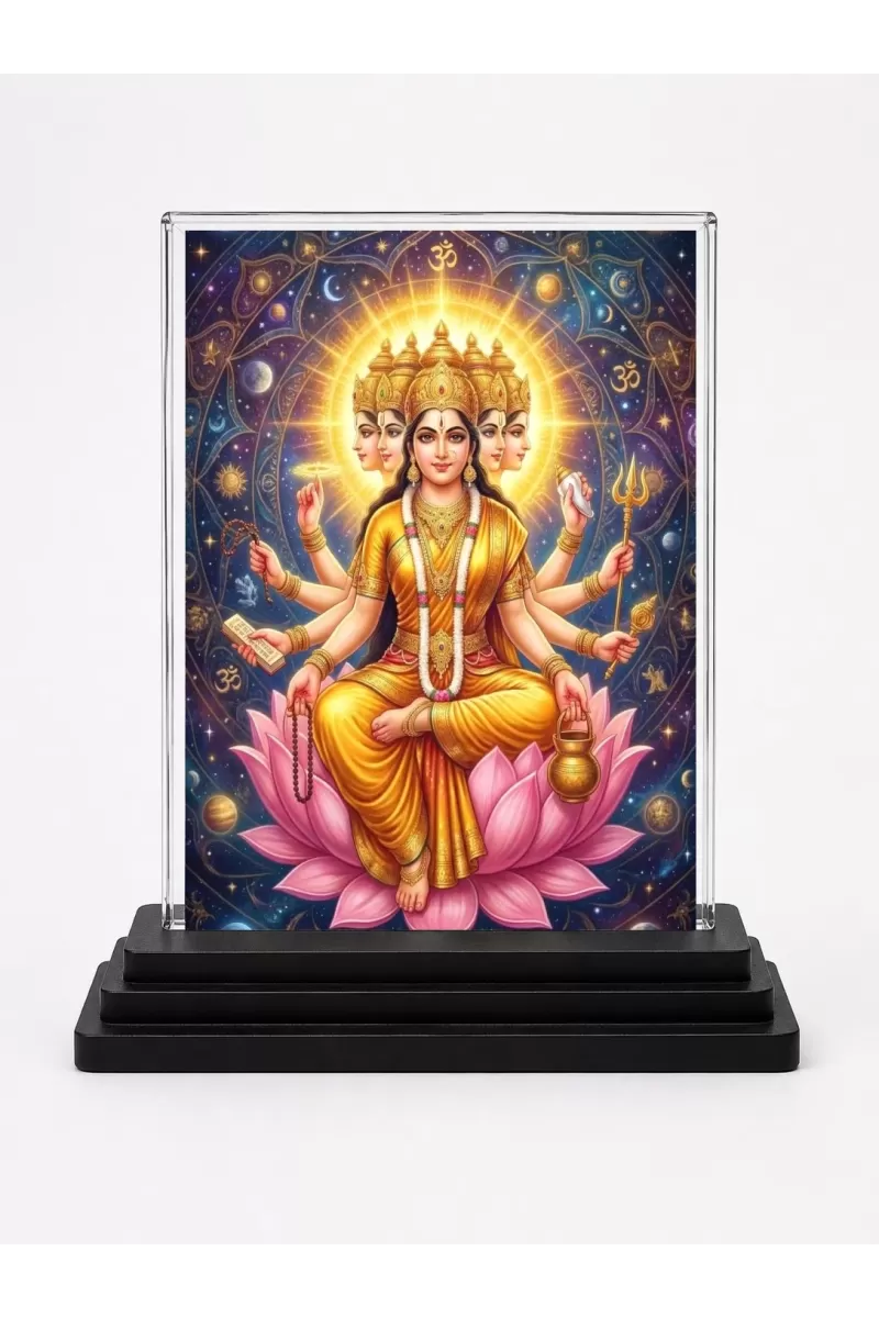 Gayatri Mata Acrylic Car Dashboard Showpiece | Double-Sided Gayatri Mata Photo Stand | 3 X 4 Inch Photo | Transparent Acrylic Frame With Black Base | Car Dashboard, Office & Table Decor (F70763)