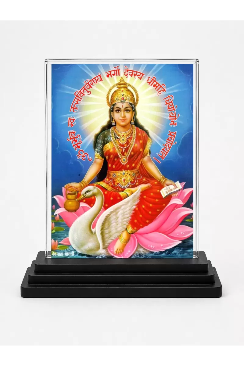 Hindu Goddess Acrylic Car Dashboard Showpiece | Double-Sided Hindu Goddess Photo Stand | 3 X 4 Inch Photo | Transparent Acrylic Frame With Black Base | Car Dashboard, Office & Table Decor (F70764)