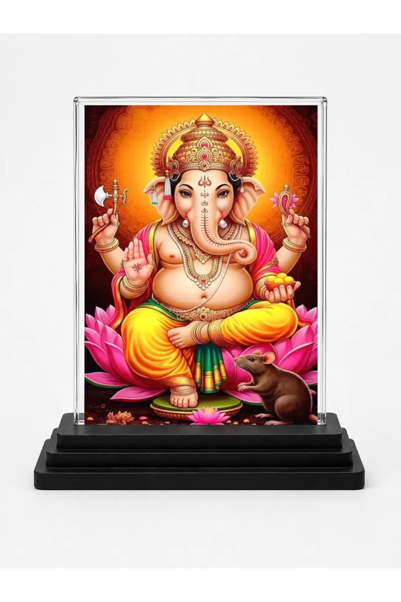 Lord Ganesha Acrylic Car Dashboard Showpiece | Double-Sided Lord Ganesha Photo Stand | 3 X 4 Inch Photo | Transparent Acrylic Frame With Black Base | Car Dashboard, Office & Table Decor (F70766)