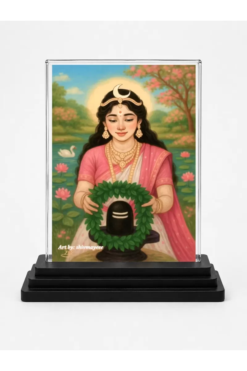 Hindu Goddess Acrylic Car Dashboard Showpiece | Double-Sided Hindu Goddess Photo Stand | 3 X 4 Inch Photo | Transparent Acrylic Frame With Black Base | Car Dashboard, Office & Table Decor (F70773)