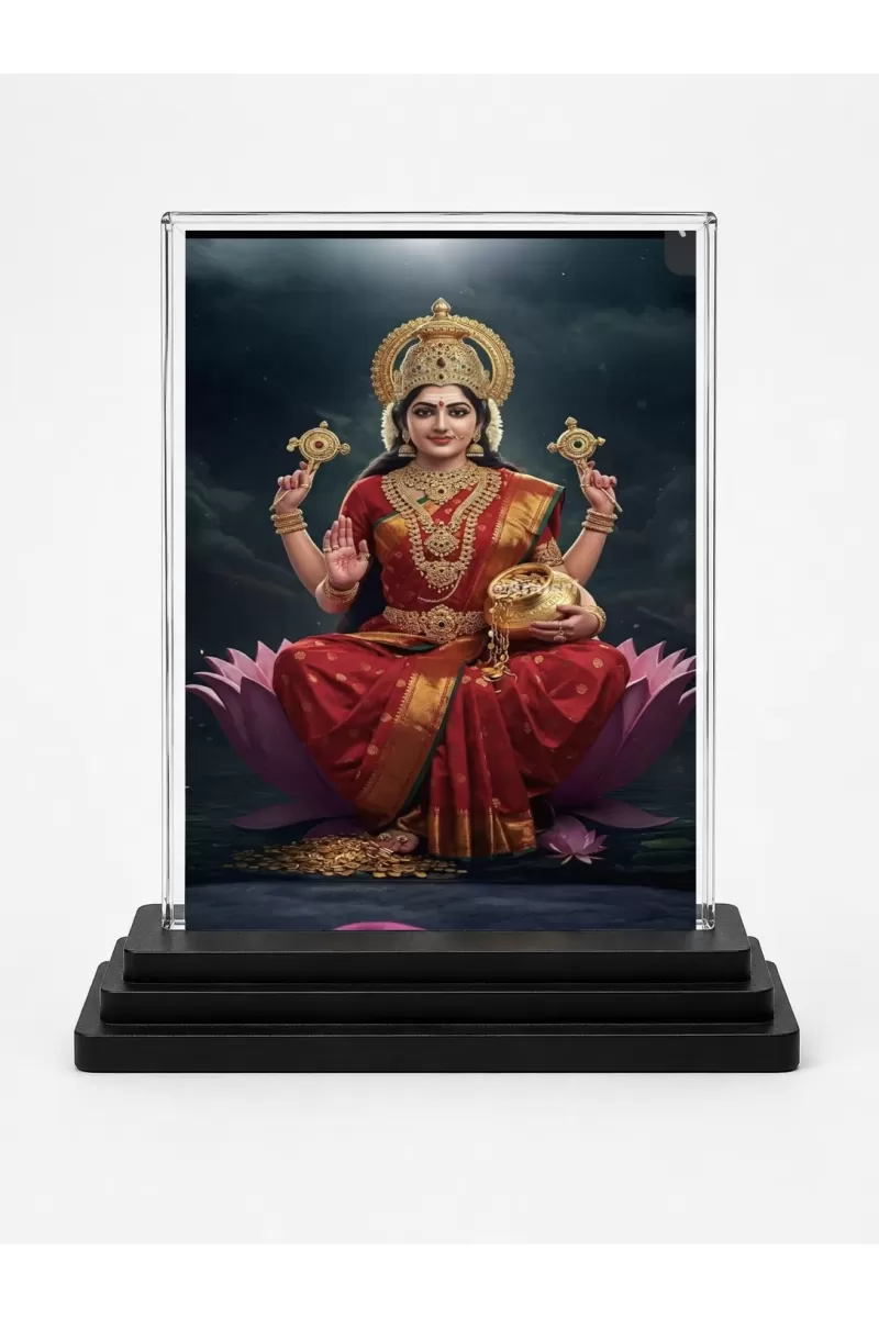 Lakshmi Acrylic Car Dashboard Showpiece | Double-Sided Lakshmi Photo Stand | 3 X 4 Inch Photo | Transparent Acrylic Frame With Black Base | Car Dashboard, Office & Table Decor (F70779)