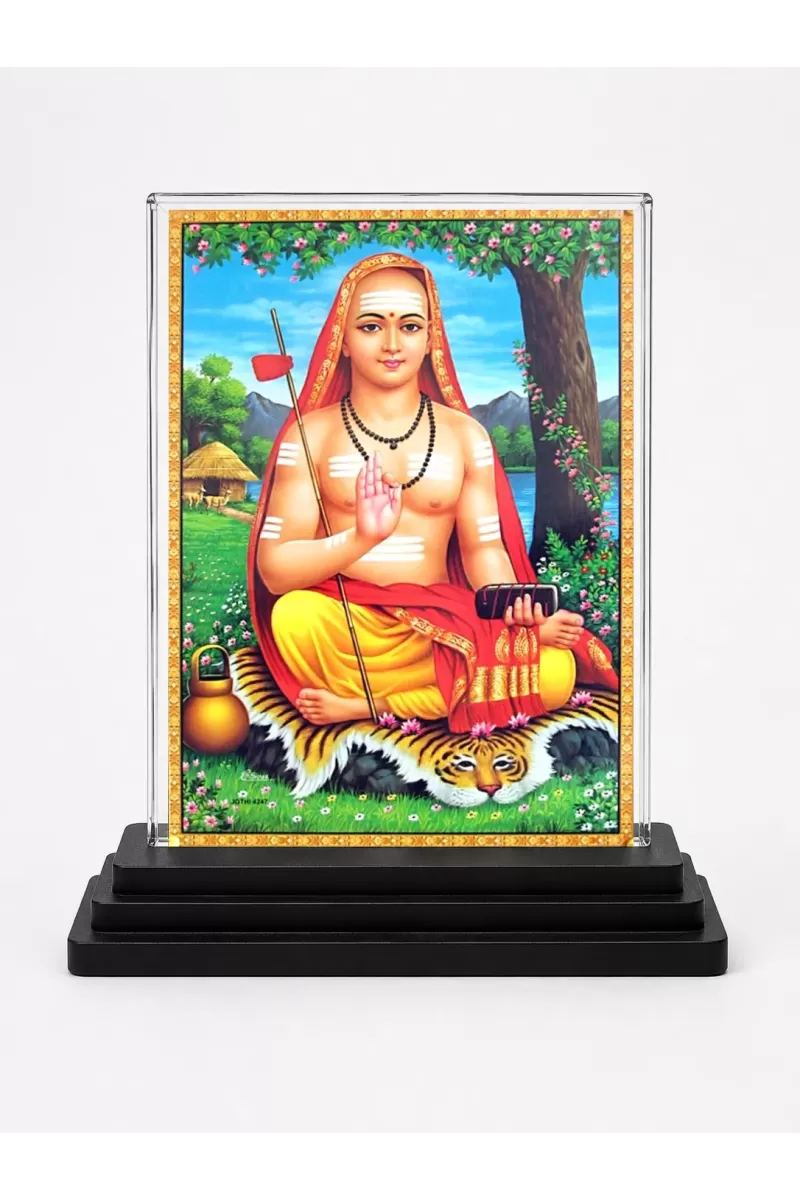 Adi Shankaracharya Acrylic Car Dashboard Showpiece | Double-Sided Adi Shankaracharya Photo Stand | 3 X 4 Inch Photo | Transparent Acrylic Frame With Black Base | Car Dashboard, Office & Table Decor (F70781)