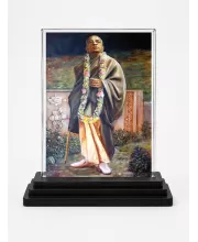 A.C. Bhaktivedanta Swami Prabhupada Acrylic Car Dashboard Showpiece | Double-Sided A.C. Bhaktivedanta Swami Prabhupada Photo Stand | 3 X 4 Inch Photo | Transparent Acrylic Frame With Black Base | Car Dashboard, Office & Table Decor (F70782)