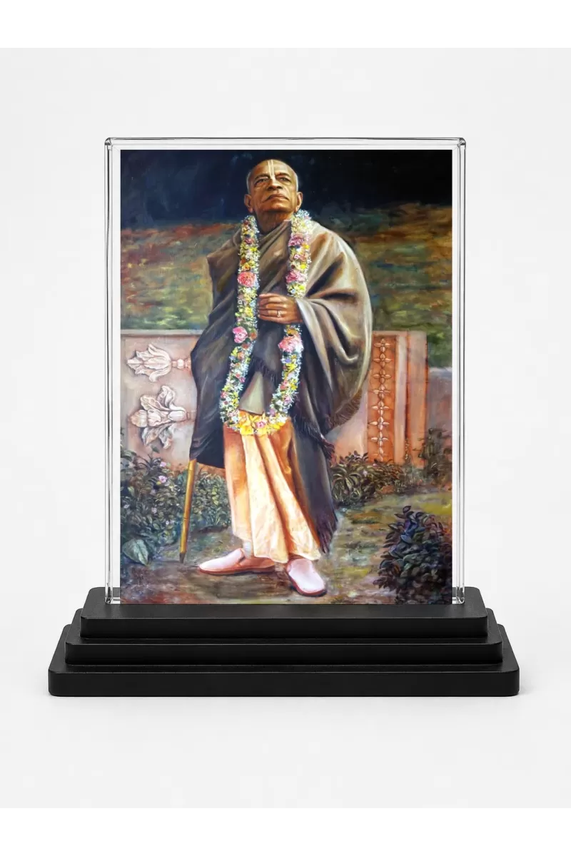 A.C. Bhaktivedanta Swami Prabhupada Acrylic Car Dashboard Showpiece | Double-Sided A.C. Bhaktivedanta Swami Prabhupada Photo Stand | 3 X 4 Inch Photo | Transparent Acrylic Frame With Black Base | Car Dashboard, Office & Table Decor (F70782)