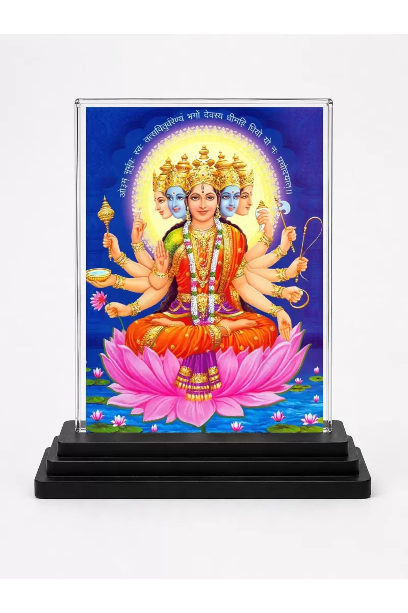 Gayatri Mata Acrylic Car Dashboard Showpiece | Double-Sided Gayatri Mata Photo Stand | 3 X 4 Inch Photo | Transparent Acrylic Frame With Black Base | Car Dashboard, Office & Table Decor (F70789)