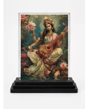 Saraswati Acrylic Car Dashboard Showpiece | Double-Sided Saraswati Photo Stand | 3 X 4 Inch Photo | Transparent Acrylic Frame With Black Base | Car Dashboard, Office & Table Decor (F70791)