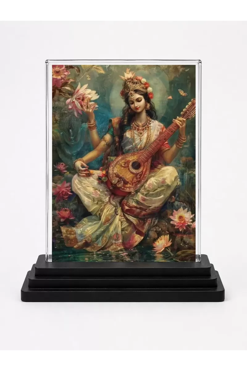 Saraswati Acrylic Car Dashboard Showpiece | Double-Sided Saraswati Photo Stand | 3 X 4 Inch Photo | Transparent Acrylic Frame With Black Base | Car Dashboard, Office & Table Decor (F70791)