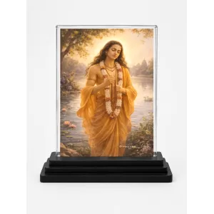 Chaitanya Mahaprabhu Acrylic Car Dashboard Showpiece | Double-Sided Chaitanya Mahaprabhu Photo Stand | 3 X 4 Inch Photo | Transparent Acrylic Frame With Black Base | Car Dashboard, Office & Table Decor (F70792)