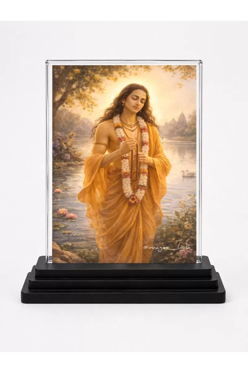 Chaitanya Mahaprabhu Acrylic Car Dashboard Showpiece | Double-Sided Chaitanya Mahaprabhu Photo Stand | 3 X 4 Inch Photo | Transparent Acrylic Frame With Black Base | Car Dashboard, Office & Table Decor (F70792)