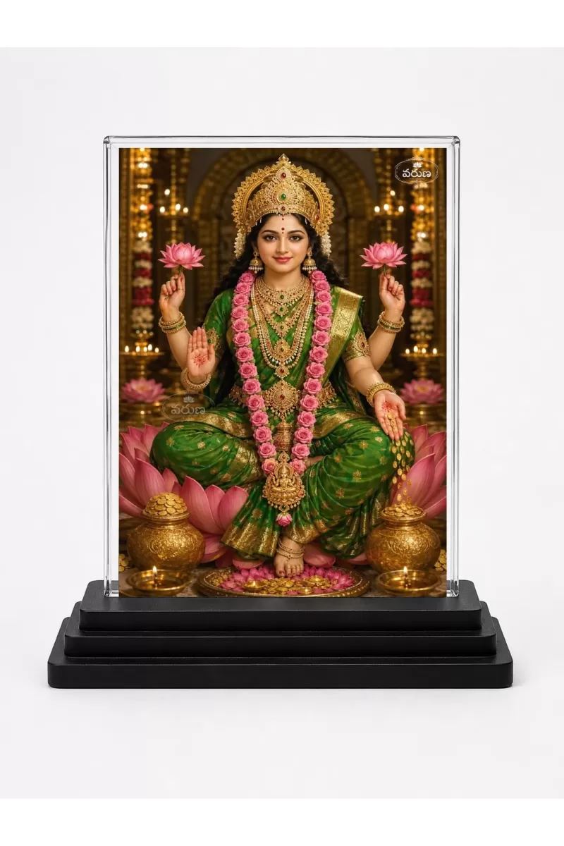 Lakshmi Acrylic Car Dashboard Showpiece | Double-Sided Lakshmi Photo Stand | 3 X 4 Inch Photo | Transparent Acrylic Frame With Black Base | Car Dashboard, Office & Table Decor (F70795)