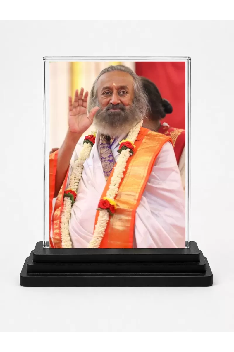 Sri Sri Ravi Shankar Acrylic Car Dashboard Showpiece | Double-Sided Sri Sri Ravi Shankar Photo Stand | 3 X 4 Inch Photo | Transparent Acrylic Frame With Black Base | Car Dashboard, Office & Table Decor (F70798)