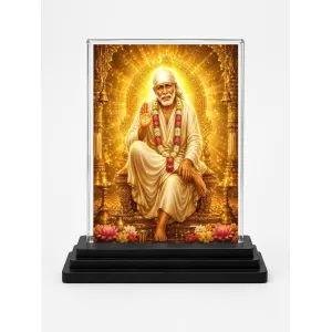 Sai Baba Of Shirdi Acrylic Car Dashboard Showpiece | Double-Sided Sai Baba Of Shirdi Photo Stand | 3 X 4 Inch Photo | Transparent Acrylic Frame With Black Base | Car Dashboard, Office & Table Decor (F70800)