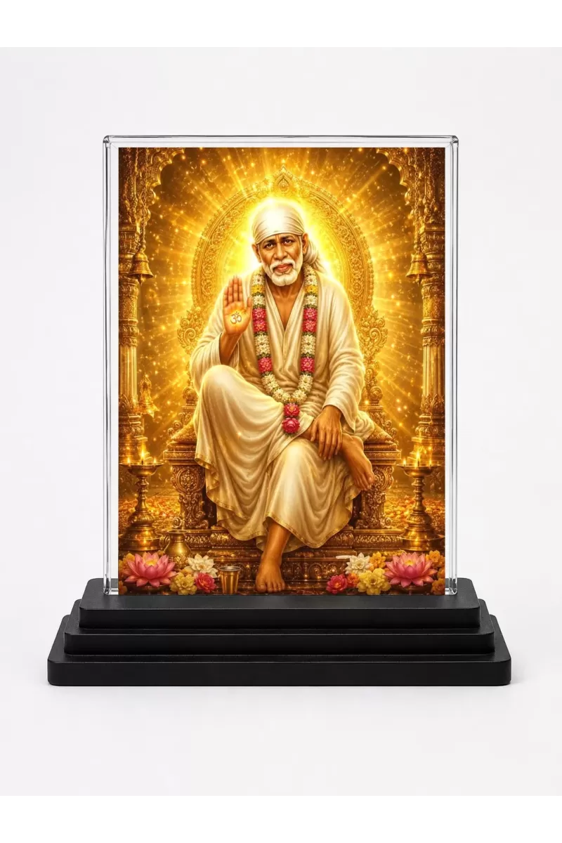 Sai Baba Of Shirdi Acrylic Car Dashboard Showpiece | Double-Sided Sai Baba Of Shirdi Photo Stand | 3 X 4 Inch Photo | Transparent Acrylic Frame With Black Base | Car Dashboard, Office & Table Decor (F70800)